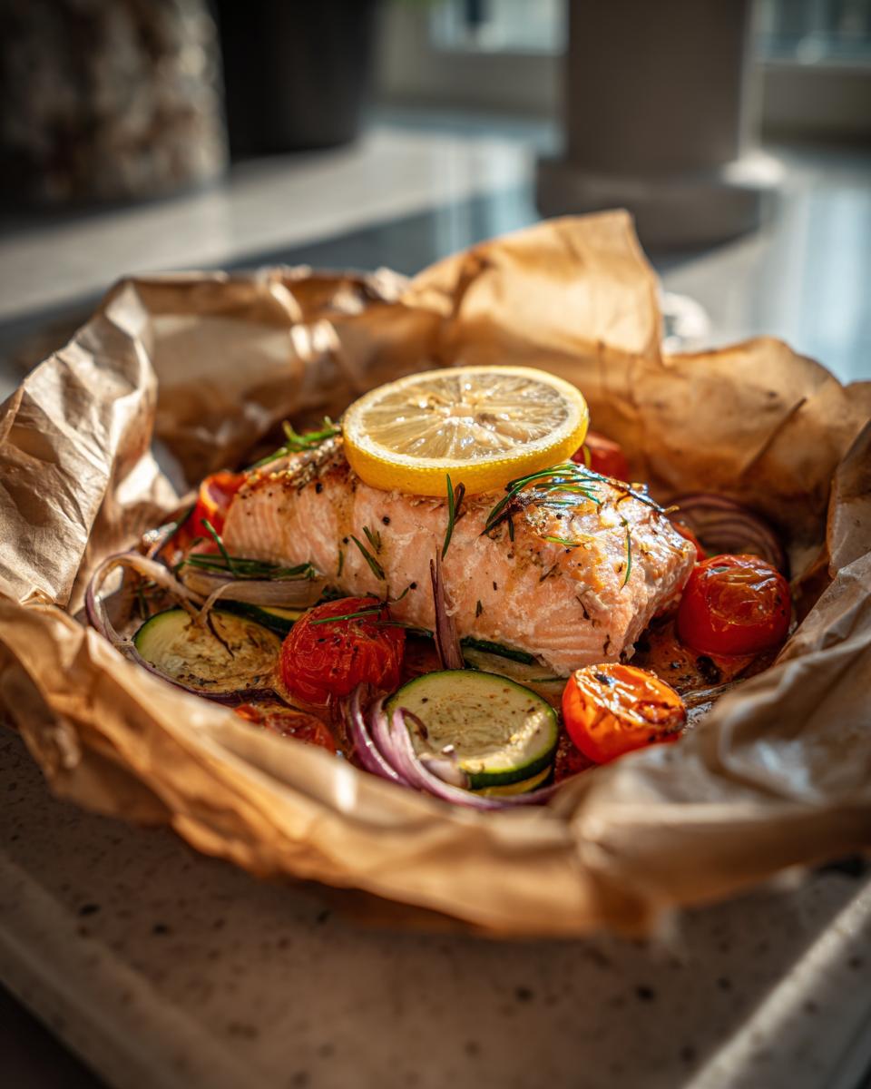 A close-up of a cooked Mediterranean Salmon Recipe in Parchment, topped with a lemon slice and surrounded by roasted vegetables.