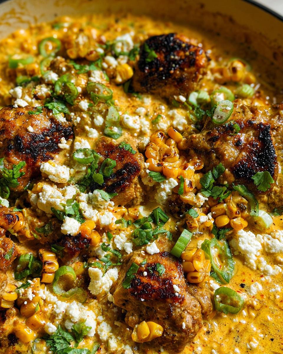 Fiesta Skillet: Mexican Street Corn Chicken Dinner 4 Close-up of Mexican Street Corn Chicken Skillet Dinner with chicken pieces, corn, crumbled cheese, and cilantro.