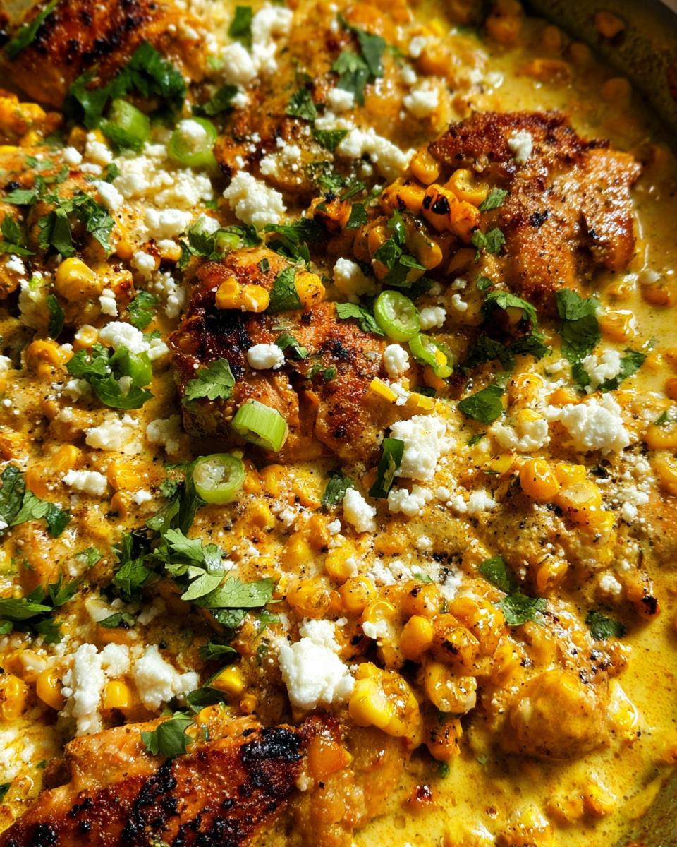 Fiesta Skillet: Mexican Street Corn Chicken Dinner 5 Close-up of Mexican Street Corn Chicken Skillet Dinner with grilled chicken, corn, cheese, and cilantro.