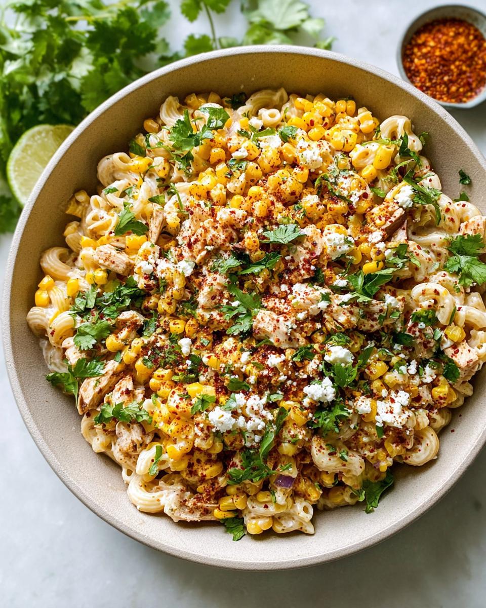 Bold Mexican Street Corn Pasta Salad with Chicken 4 Close-up of Mexican Street Corn Pasta Salad with Chicken, featuring pasta, corn, crumbled cheese, and cilantro.