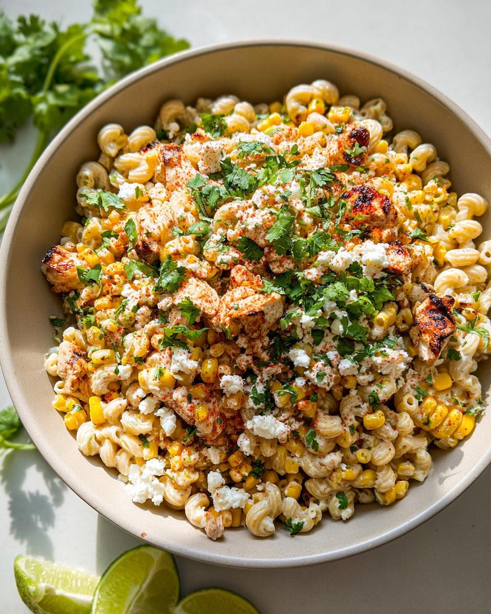 Bold Mexican Street Corn Pasta Salad with Chicken 5 A bowl of Mexican Street Corn Pasta Salad with Chicken, topped with crumbled cheese and cilantro.