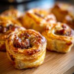 Close-up of golden-brown Perfect Mini Beef Wellington Bites appetizers on a wooden board.