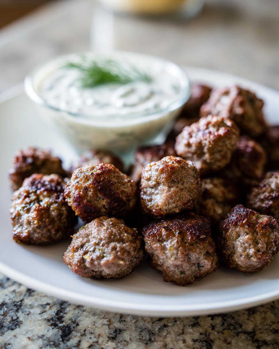 Irresistible Mini Greek Meatball Bites 5 A close-up of a pile of golden-brown Mini Greek Meatball Bites served with a bowl of creamy tzatziki sauce.