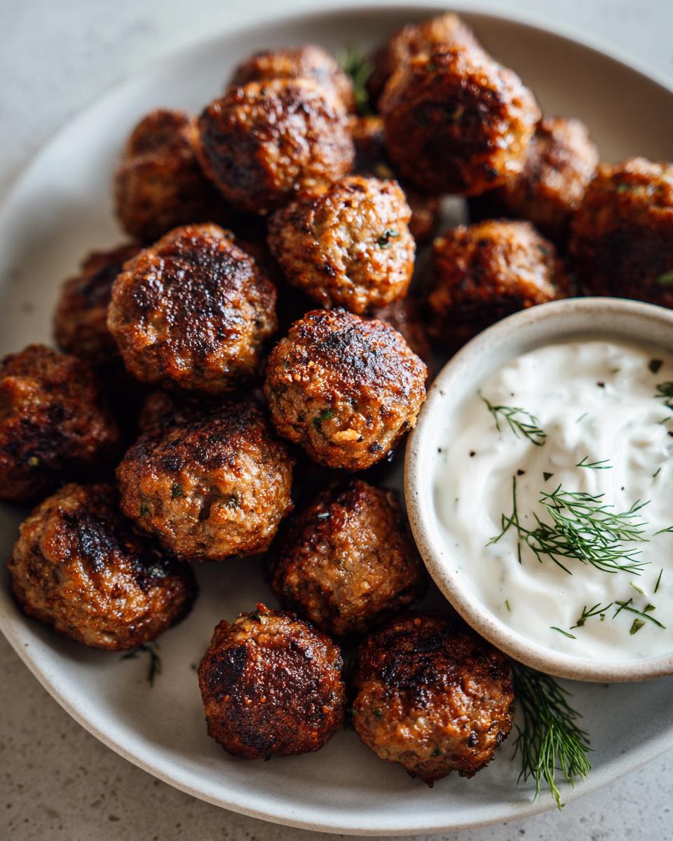 Irresistible Mini Greek Meatball Bites 4 A pile of golden-brown Mini Greek Meatball Bites served with a side of creamy tzatziki sauce and fresh dill.