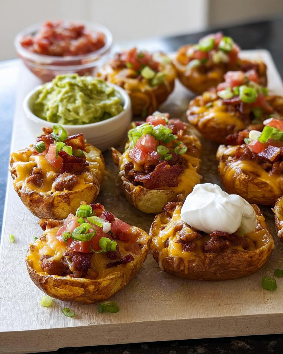 A platter of Nacho Loaded Potato Skins, topped with cheese, bacon, tomatoes, and green onions, served with guacamole and salsa.