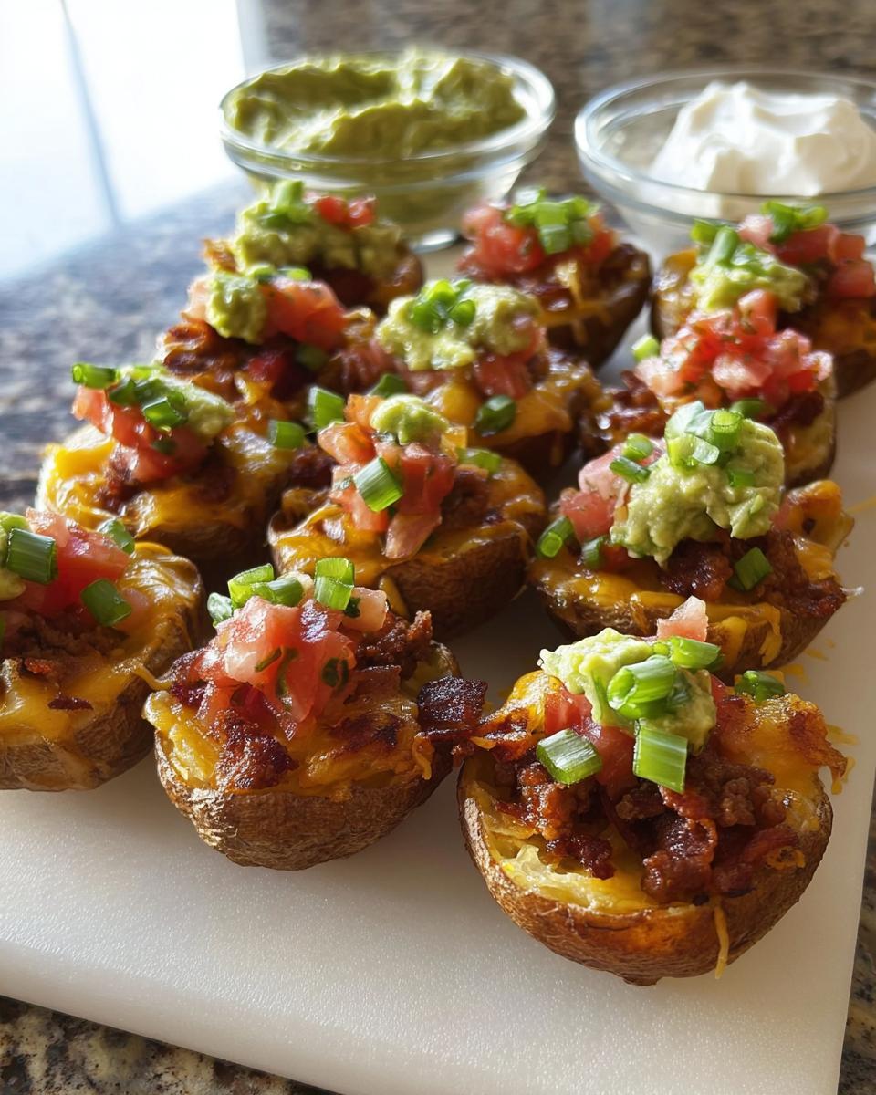 A platter of Nacho Loaded Potato Skins Recipe, topped with cheese, bacon, pico de gallo, and guacamole.