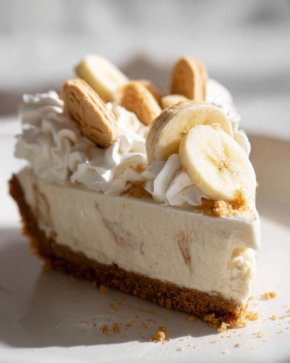 Easy Banana Cheesecake No Bake Dessert Delight 5 A delicious slice of no bake banana cheesecake topped with whipped cream, banana slices, and cookies.