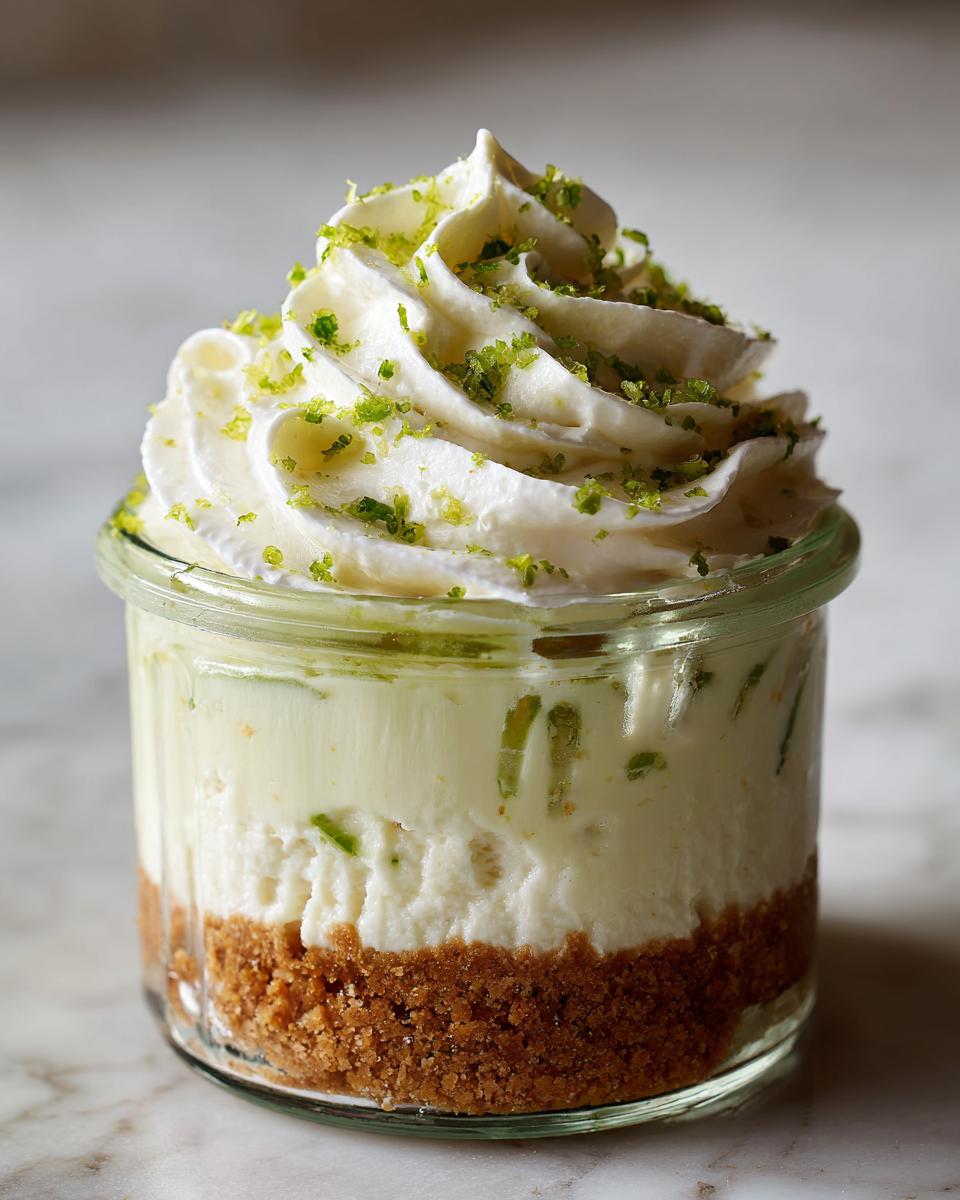 A no bake key lime cheesecake jar topped with whipped cream and lime zest. Easy summer dessert.