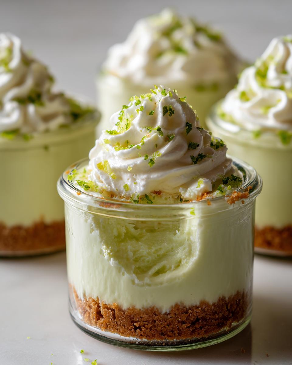 Close-up of a no bake key lime cheesecake jar topped with whipped cream and lime zest. Easy summer dessert.