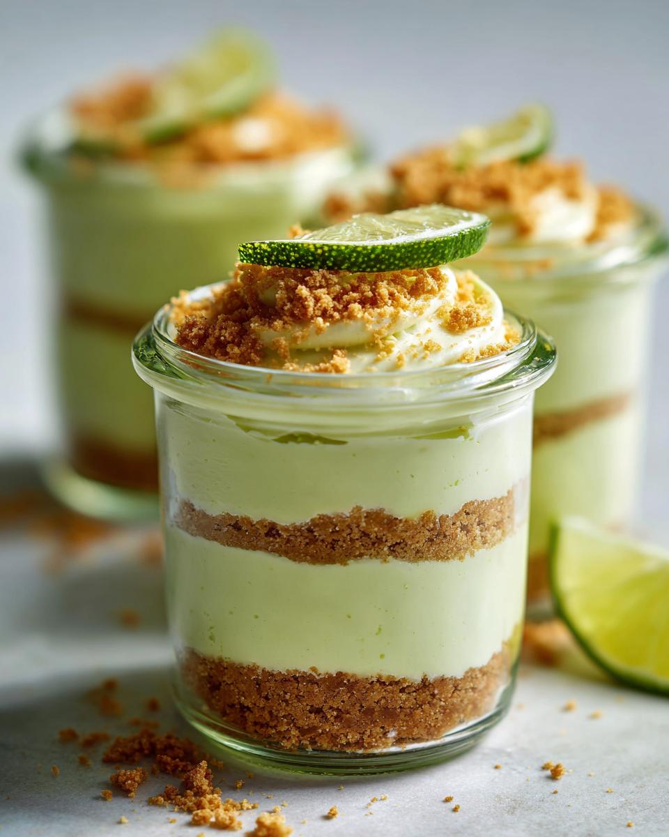 Close-up of No Bake Key Lime Cheesecake Parfaits layered in glass jars with graham cracker crust and lime slices.