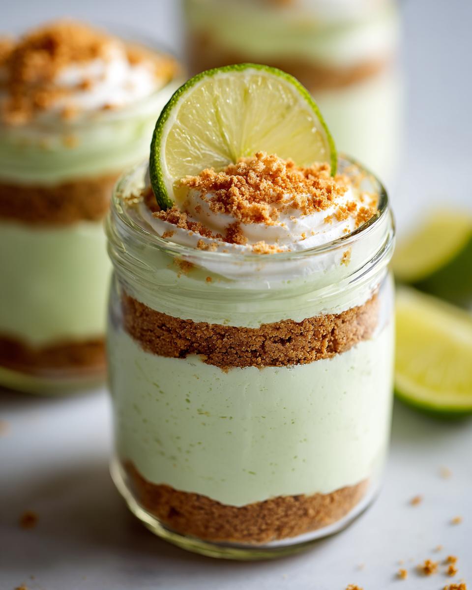 Close-up of a No Bake Key Lime Cheesecake Parfait in a glass jar, topped with whipped cream, graham cracker crumbs, and a lime slice.