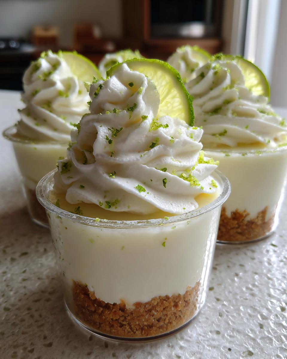Close-up of three individual No Bake Key Lime Pie Cups topped with whipped cream, lime slice.