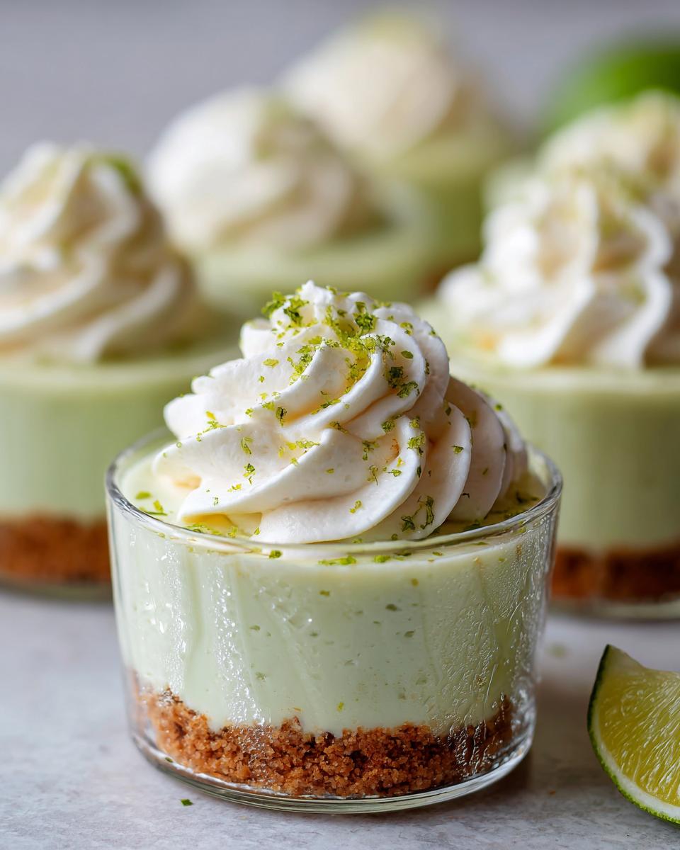 Close-up of a No Bake Key Lime Pie Cup topped with whipped cream and lime zest.