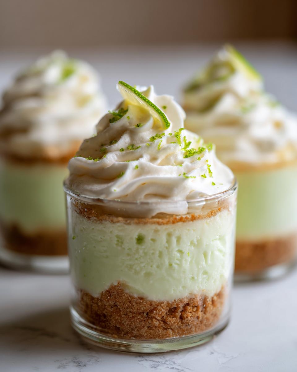 Close-up of an Easy No Bake Lime Cheesecake Cups Dessert in a glass jar, topped with whipped cream and lime zest.