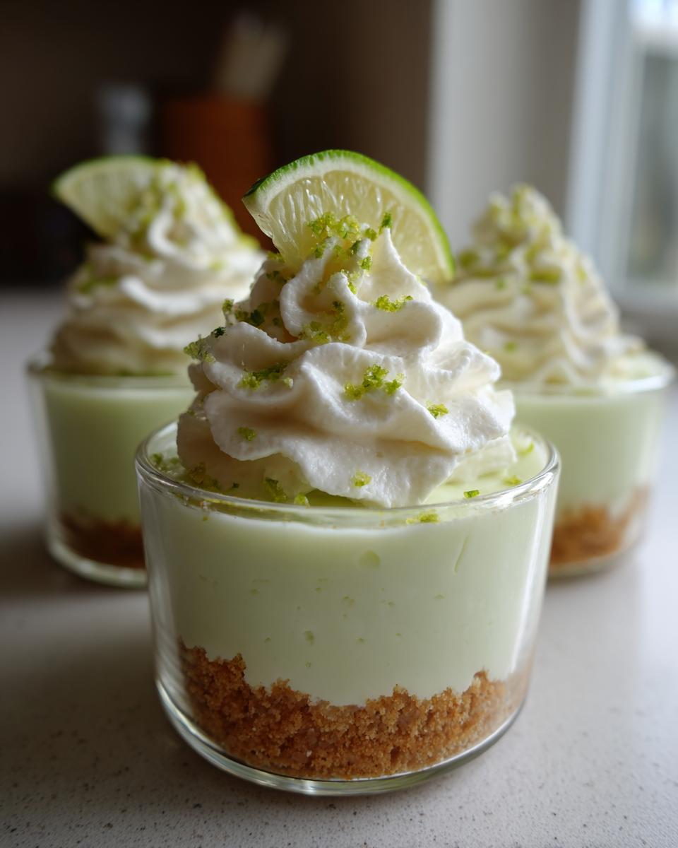 Close-up of a no bake lime cheesecake cup topped with whipped cream, lime zest, and a lime slice.