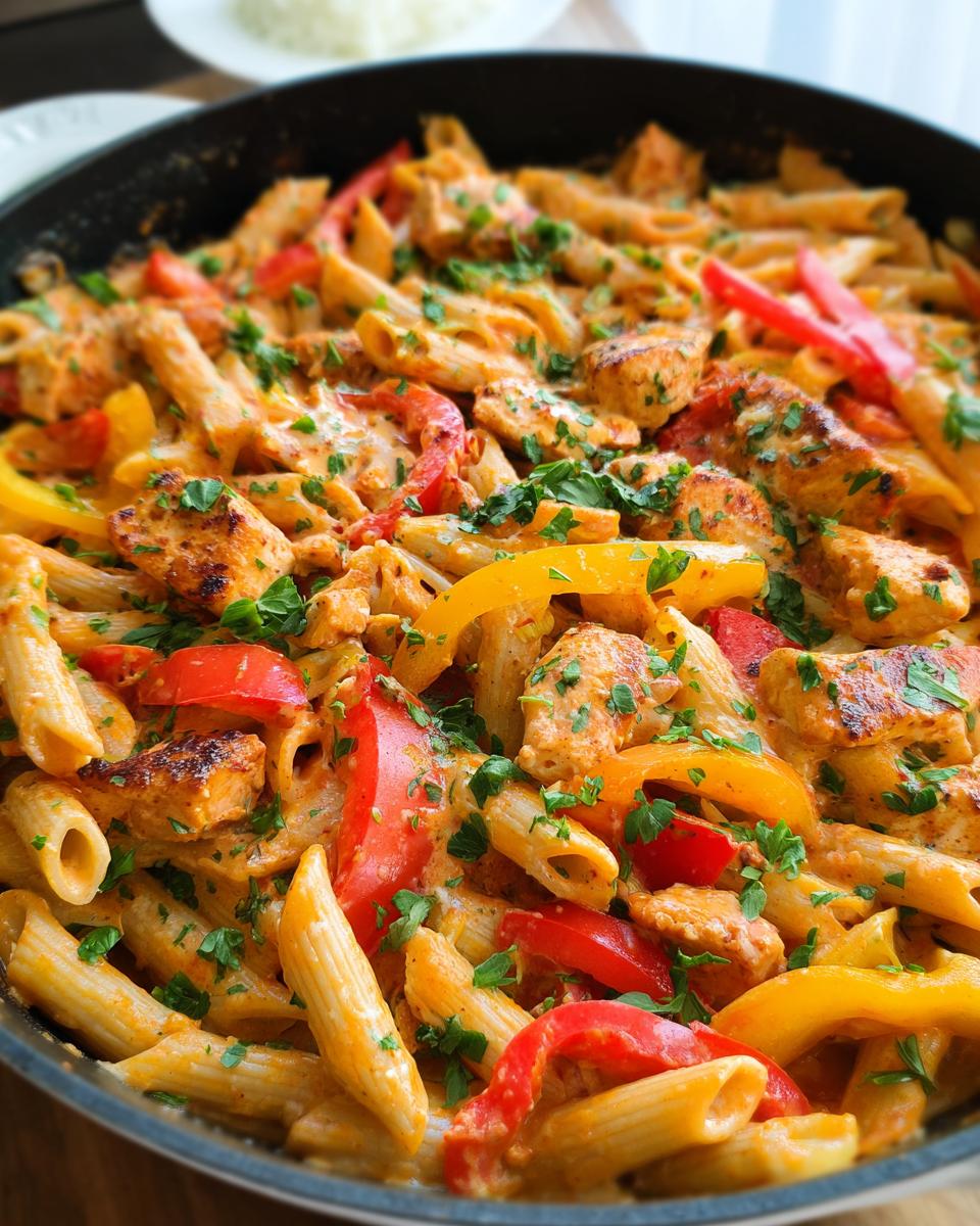 A close-up view of a skillet filled with One Pot Cajun Chicken Pasta, featuring penne pasta, chicken pieces, and colorful bell peppers, garnished with parsley.