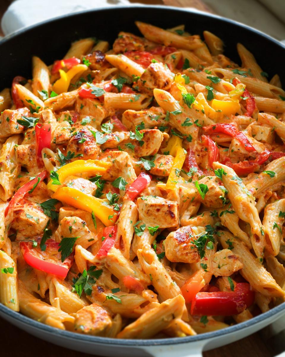 A close-up of a skillet filled with One Pot Cajun Chicken Pasta, featuring penne pasta, chicken pieces, and colorful bell peppers.