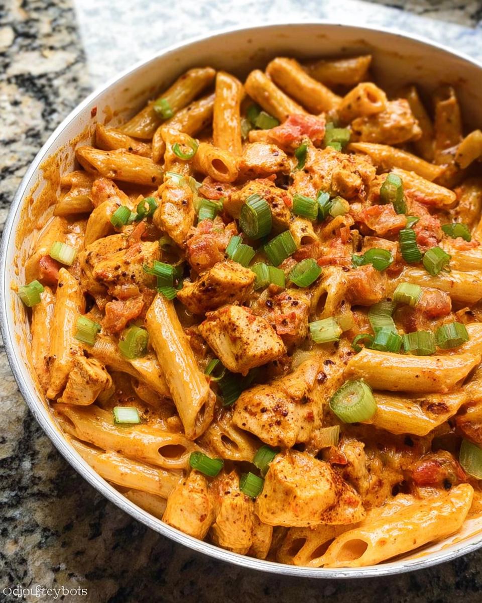 Close-up of a pan filled with One Pot Creamy Cajun Chicken Pasta, featuring penne pasta, chicken pieces, and green onions.