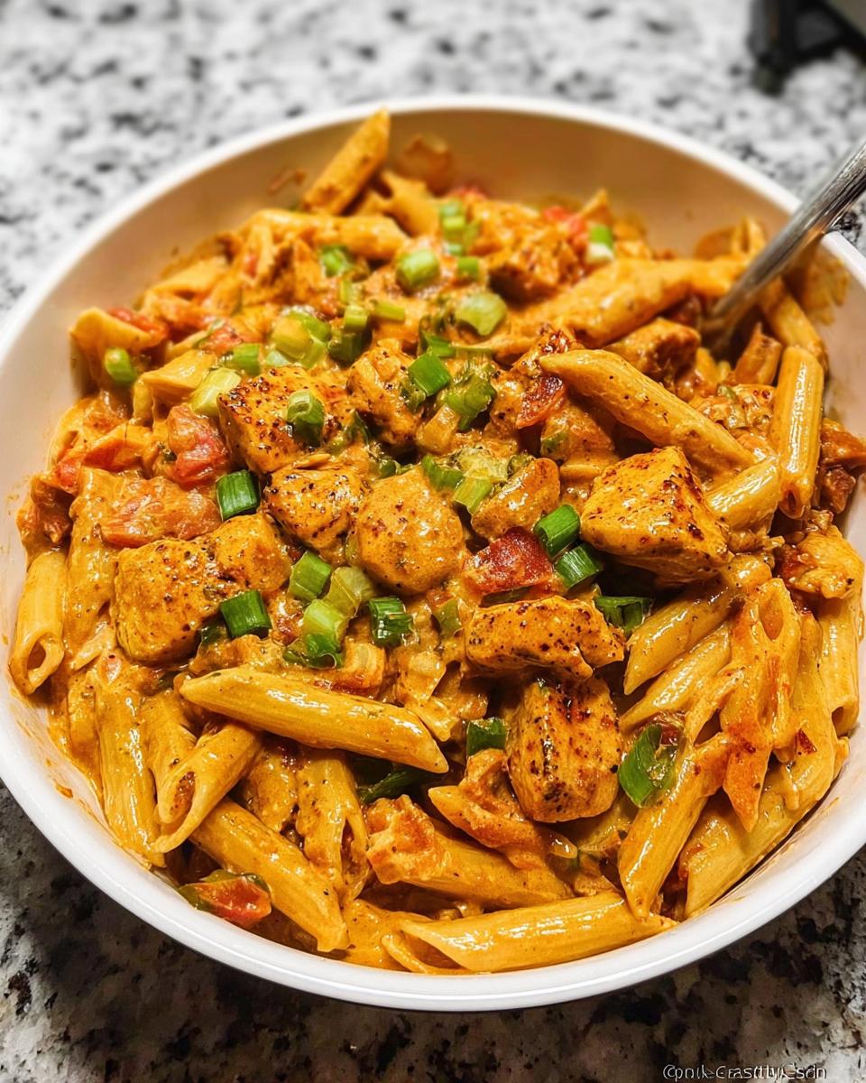A bowl of One Pot Creamy Cajun Chicken Pasta with penne, chicken pieces, and green onions.