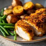 A close-up of a sliced Parmesan Crusted Sheet Pan Chicken Dinner with roasted potatoes and green beans.