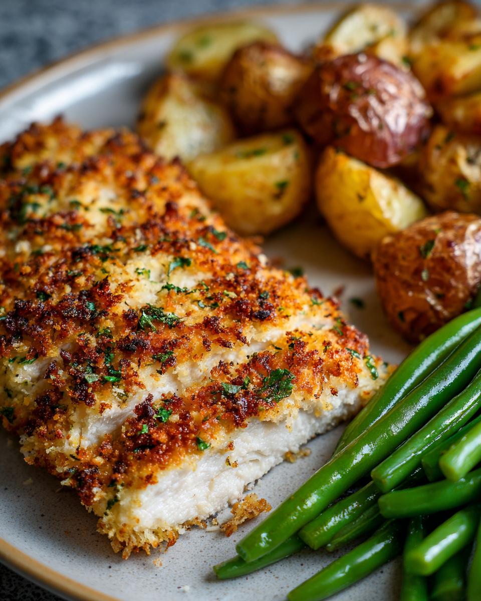 A close-up of a Parmesan crusted sheet pan chicken dinner, showing the golden crust, tender chicken, roasted potatoes, and green beans.