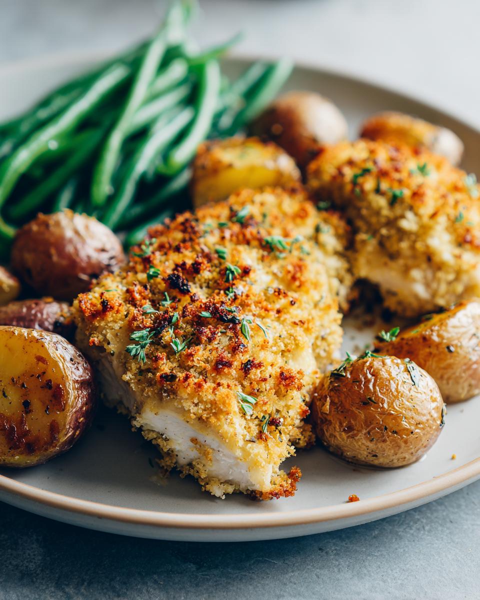 Close-up of a Parmesan Crusted Sheet Pan Chicken Dinner with roasted potatoes and green beans.