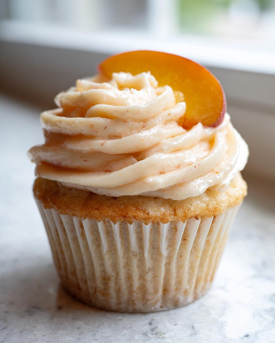 Peach Bellini Cupcakes: Pure Summer Bliss 4 A close-up of a delicious Peach Bellini Cupcakes Recipe, topped with swirl frosting and a peach slice.
