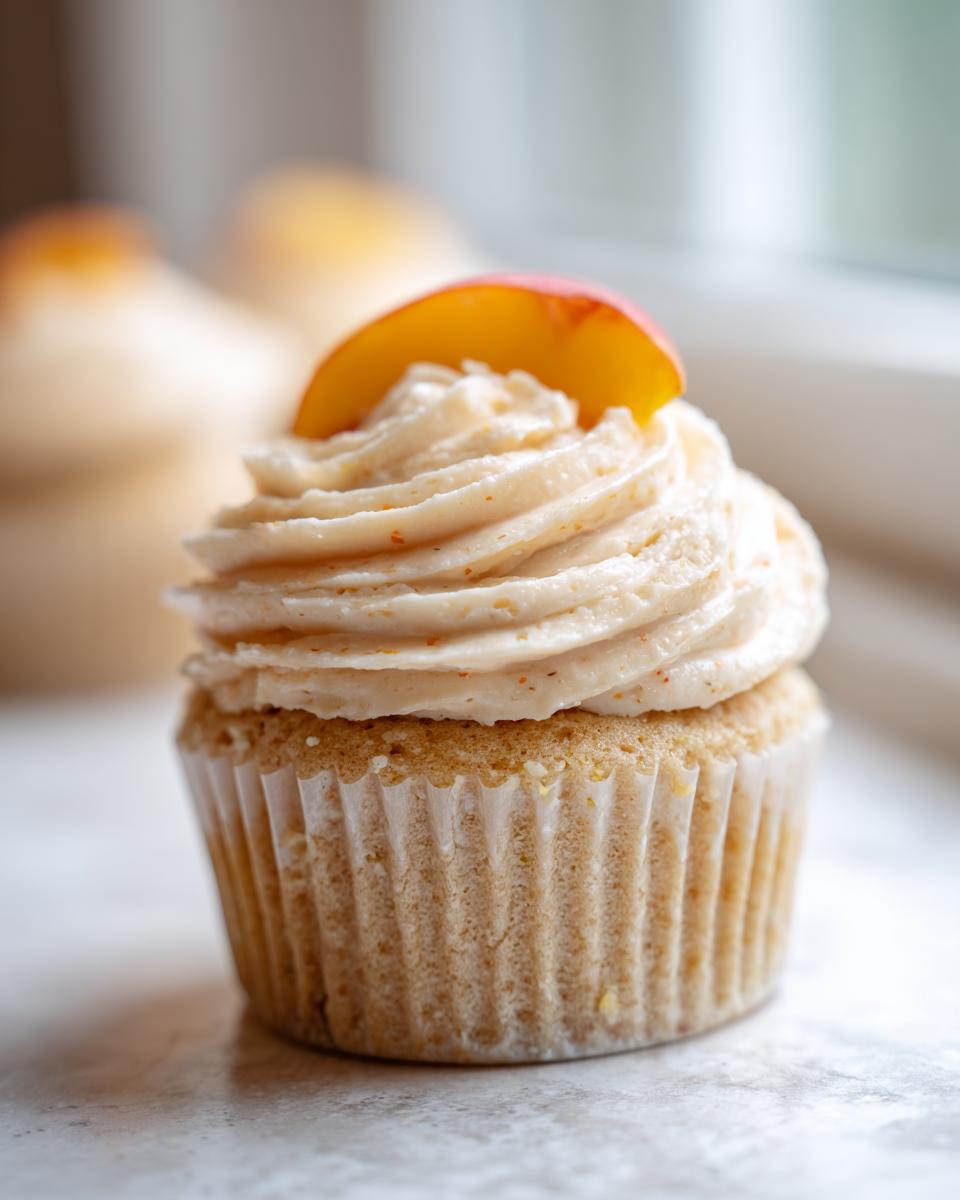 Peach Bellini Cupcakes: Pure Summer Bliss 5 Close-up of a delicious Peach Bellini cupcake topped with swirled frosting and a fresh peach slice.