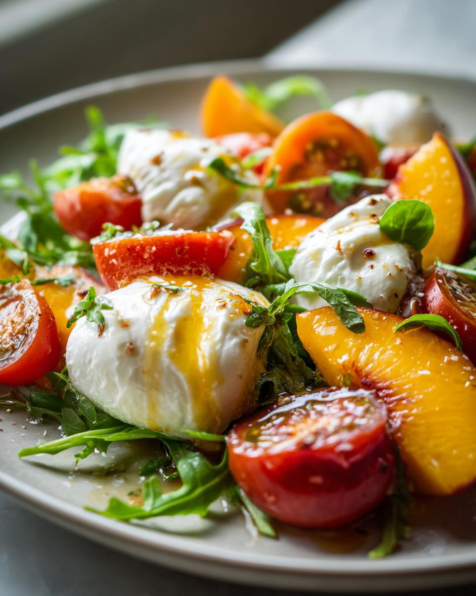 Close-up of a refreshing Peach Caprese Salad with Burrata, featuring fresh peaches, cherry tomatoes, arugula, and creamy burrata cheese.