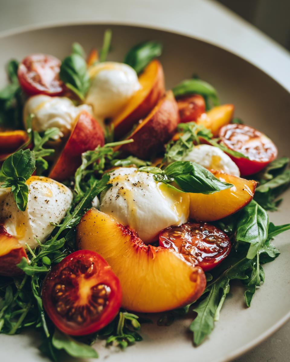 Close-up of a vibrant Peach Caprese Salad with creamy burrata, juicy peaches, cherry tomatoes, and fresh basil leaves.