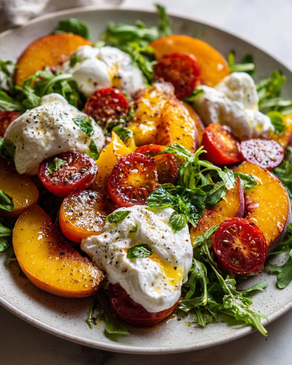 A vibrant Peach Caprese Salad with creamy burrata, sliced ripe peaches, cherry tomatoes, and fresh basil.