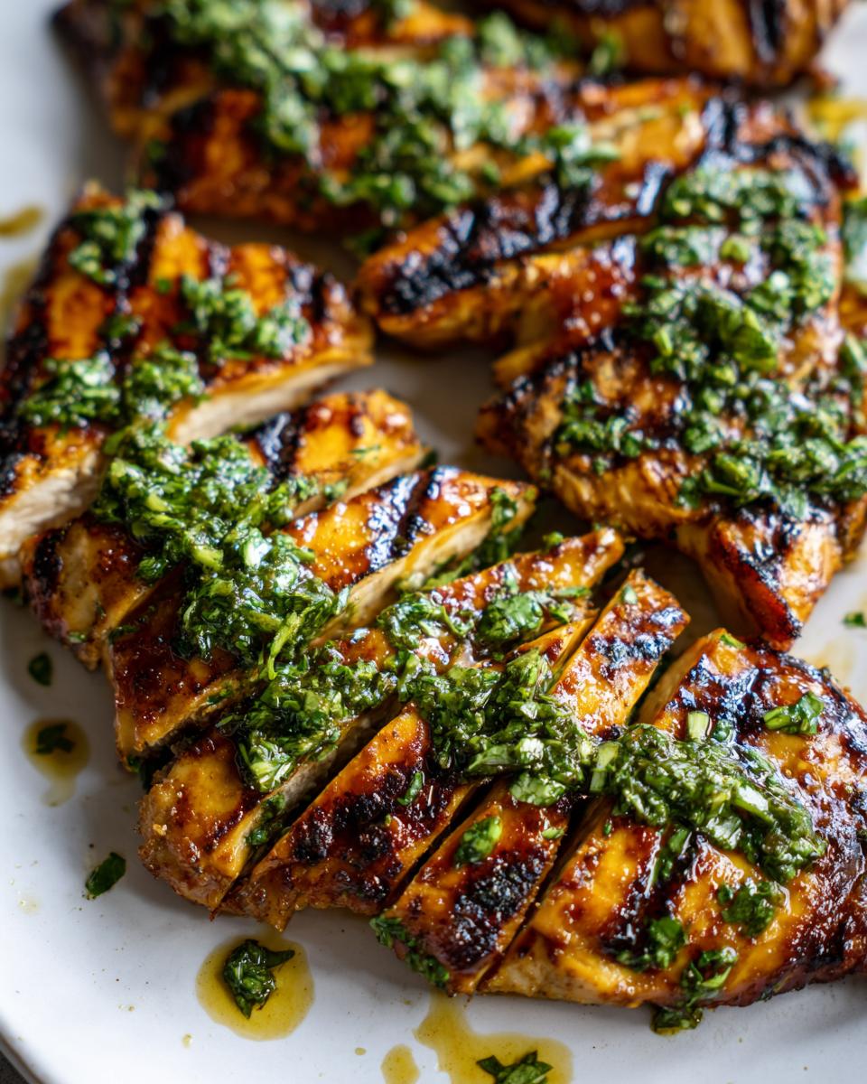 Close-up of sliced Peach Tea Grilled Chicken with Herb Sauce, showing grill marks and juicy texture.