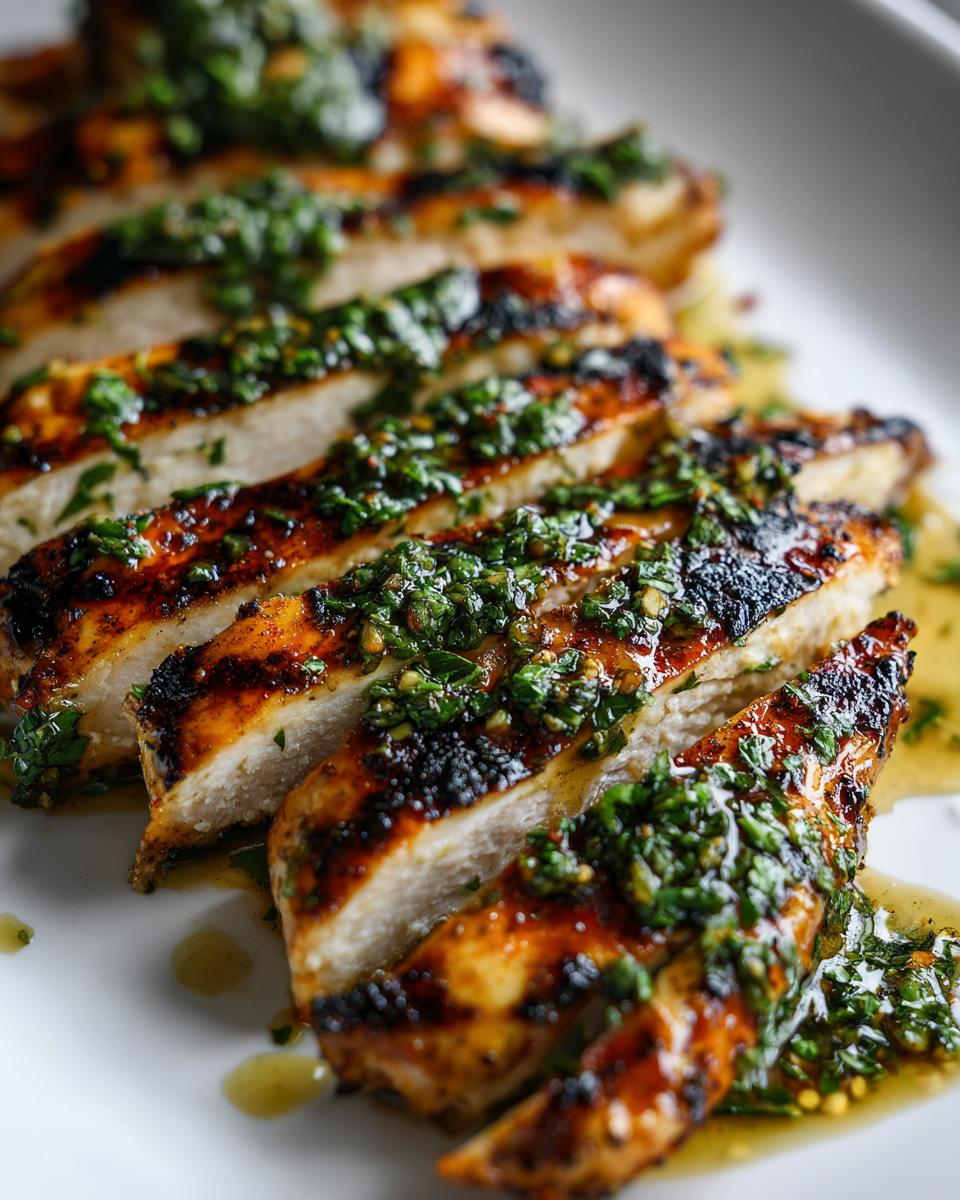 Close-up of sliced Peach Tea Grilled Chicken with Herb Sauce, showcasing juicy meat and fresh green herbs.