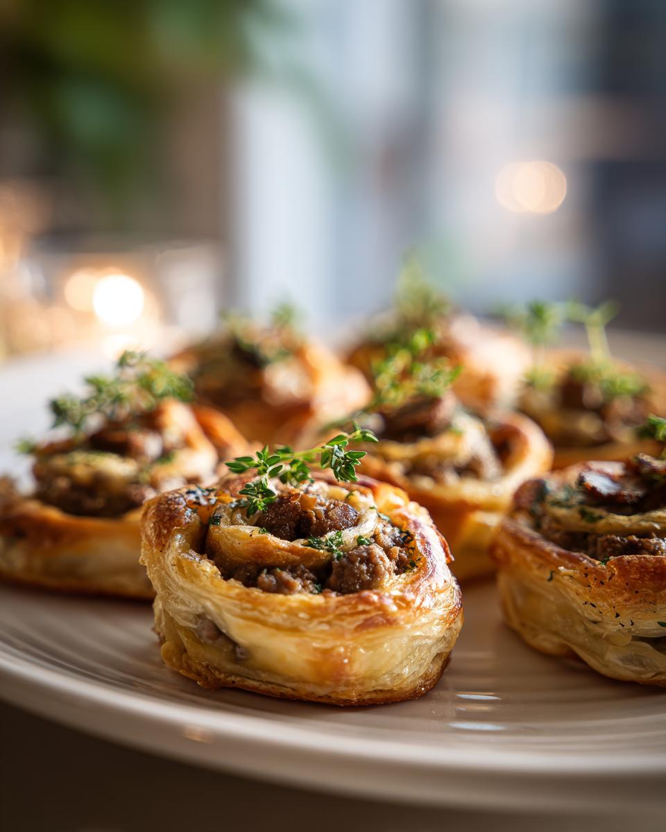 Perfect Mini Beef Wellington Bites: Easy Elegant Appetizers 4 Close-up of Perfect Mini Beef Wellington Bites appetizers, featuring flaky pastry filled with savory beef and herbs.