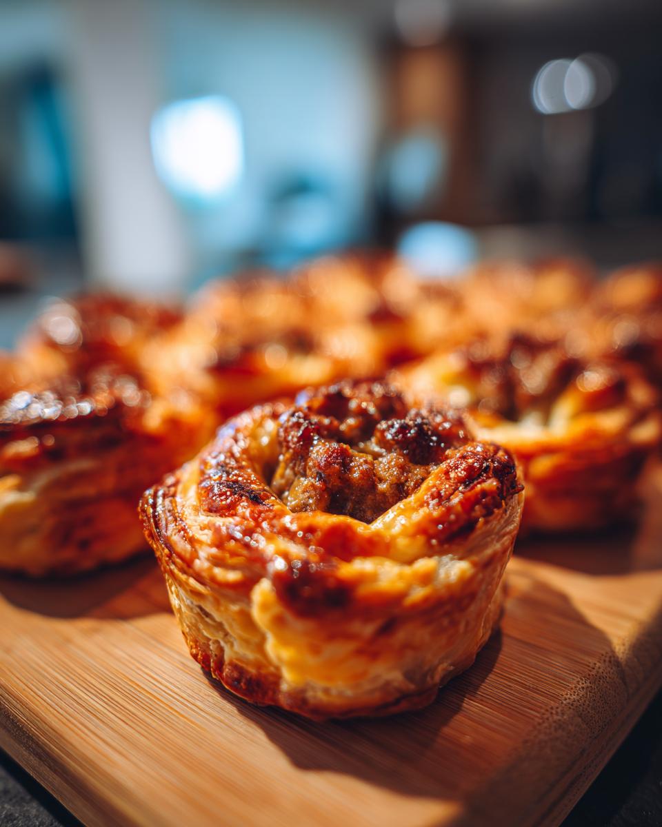 Perfect Mini Beef Wellington Bites: Easy Elegant Appetizers 5 Close-up of golden-brown Perfect Mini Beef Wellington Bites appetizers on a wooden board.