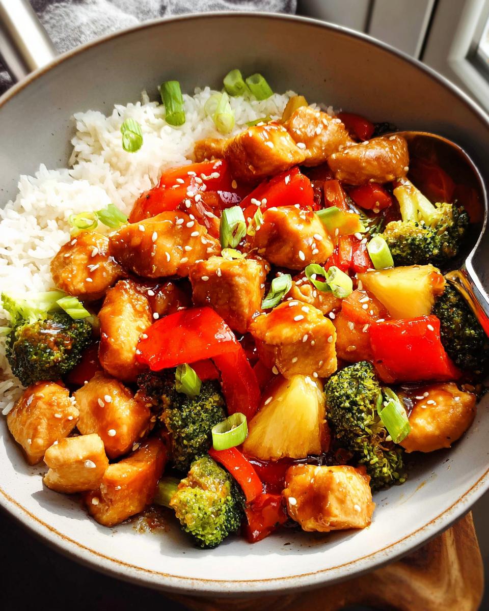 Pineapple Teriyaki Chicken Bowls: Fast, Flavorful Meal 5 A close-up of a Pineapple Teriyaki Chicken Bowls Recipe, featuring tender chicken, pineapple chunks, broccoli, and red bell peppers over rice.