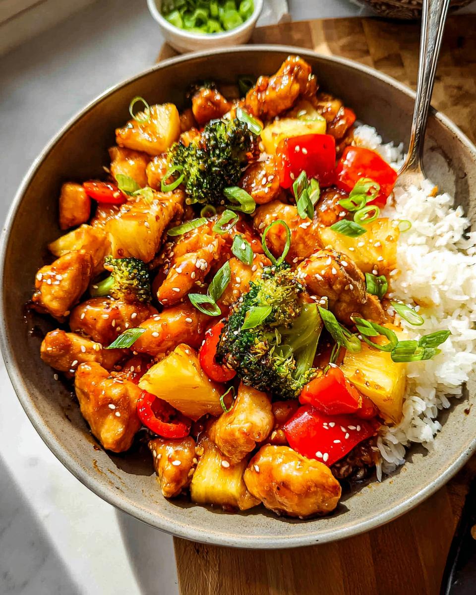Pineapple Teriyaki Chicken Bowls: Fast, Flavorful Meal 4 A vibrant bowl of Pineapple Teriyaki Chicken Bowls with rice, broccoli, red peppers, and pineapple chunks, garnished with sesame seeds and green onions.