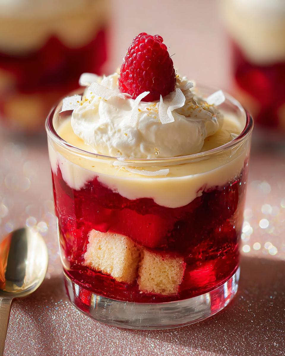 Divine Raspberry White Chocolate Mini Trifles Dessert 4 Close-up of a Raspberry White Chocolate Mini Trifles Dessert in a glass, topped with whipped cream and a raspberry.