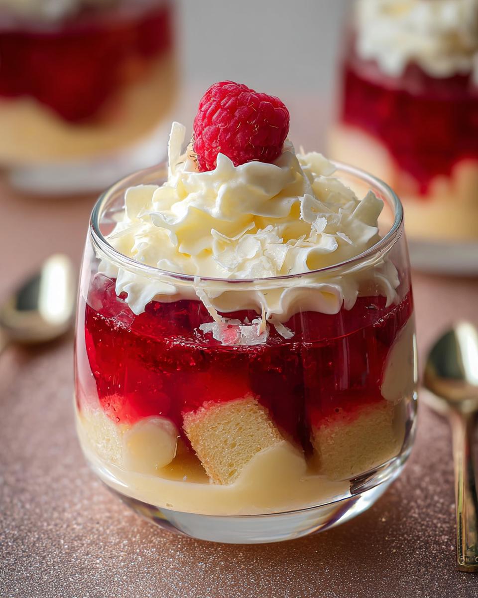Divine Raspberry White Chocolate Mini Trifles Dessert 5 Close-up of a Raspberry White Chocolate Mini Trifles Dessert in a glass, topped with whipped cream and a raspberry.