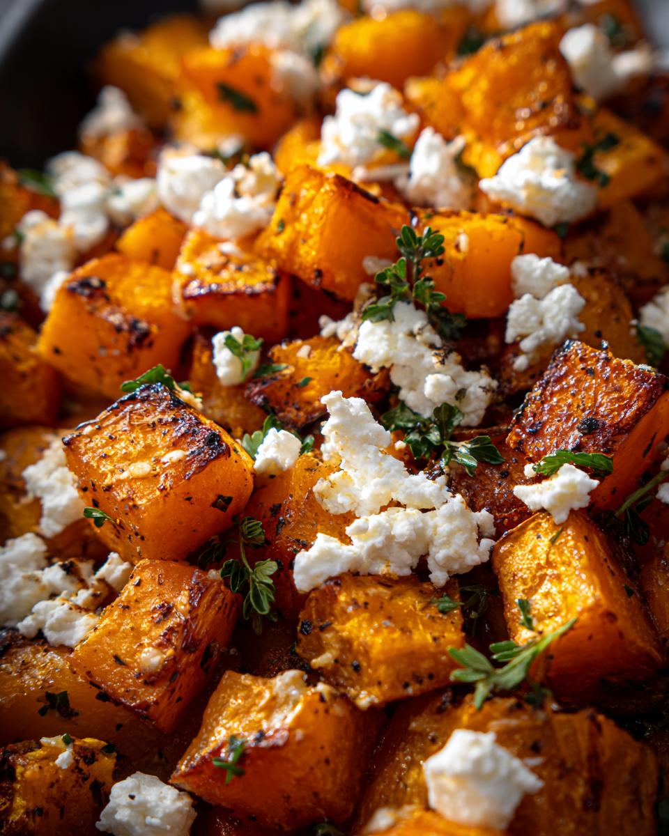 Close-up of roasted butternut squash cubes topped with crumbled feta cheese and fresh herbs.