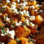 Close-up of roasted butternut squash cubes topped with crumbled feta cheese and fresh parsley.