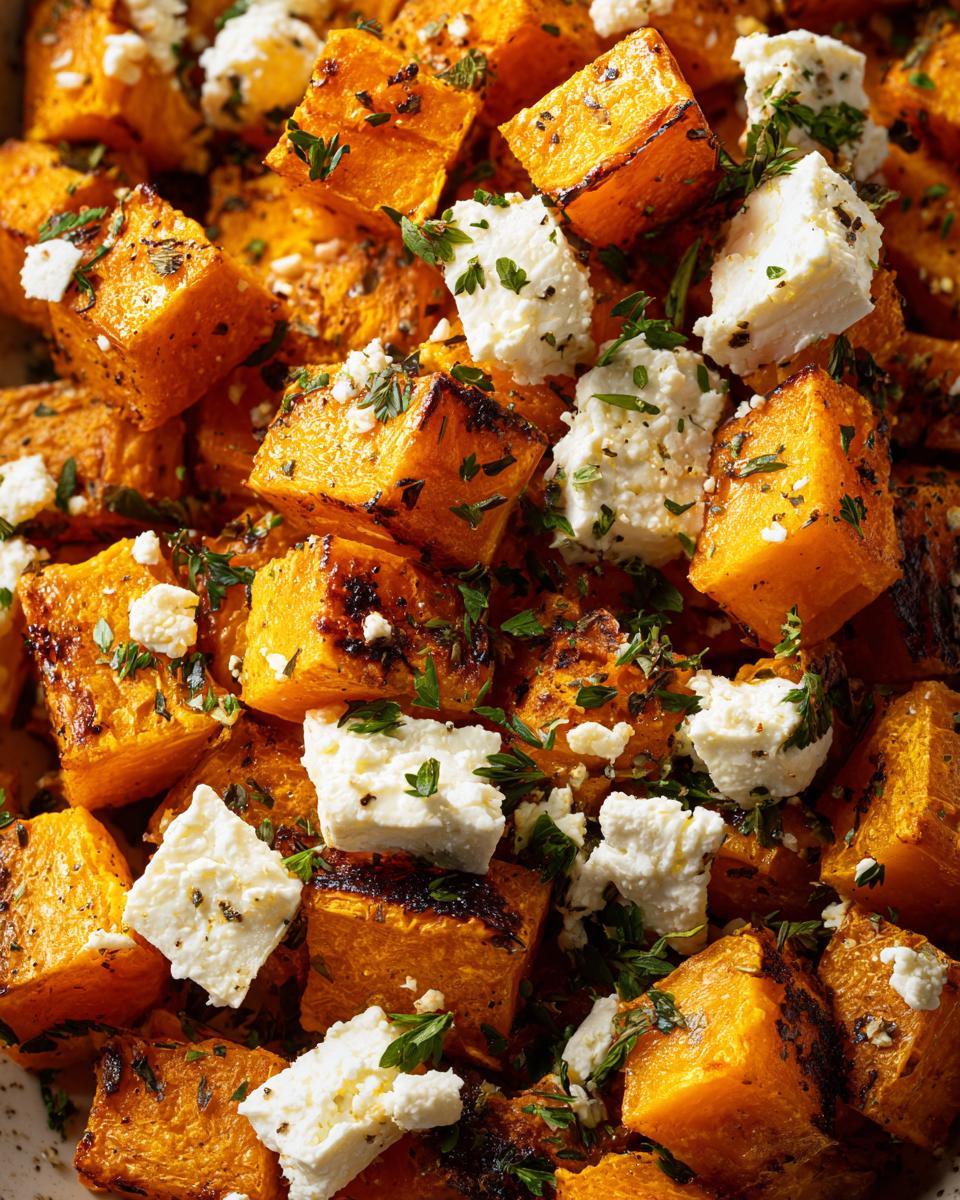 Close-up of roasted butternut squash cubes topped with crumbled feta cheese and fresh herbs.