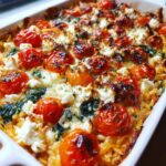 Close-up of a white baking dish filled with Roasted Cherry Tomato Orzo Bake with Spinach and crumbled feta cheese.