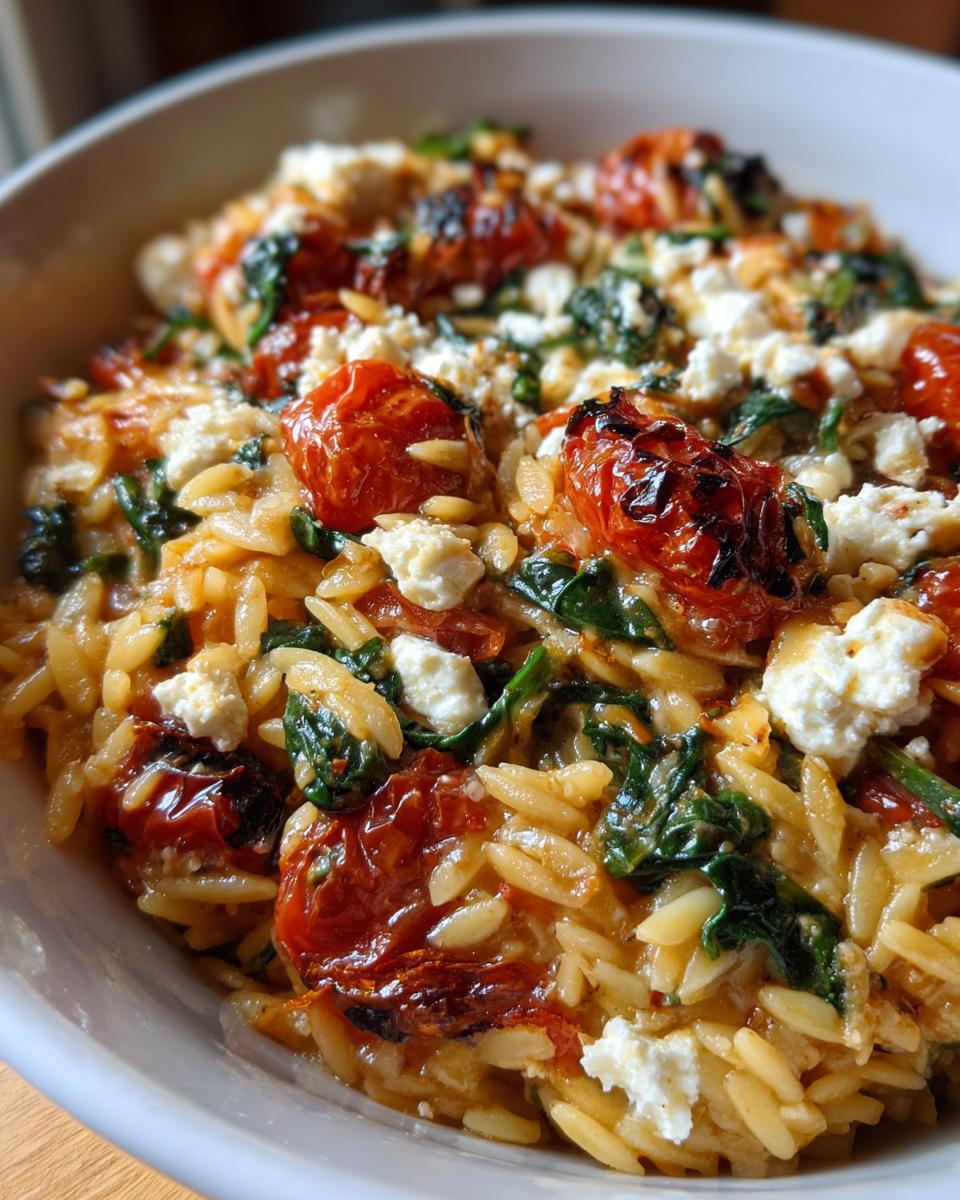 Roasted Cherry Tomato Orzo Bake: Pure Magic 4 Close-up of a bowl of Roasted Cherry Tomato Orzo Bake with Spinach, topped with crumbled feta cheese.