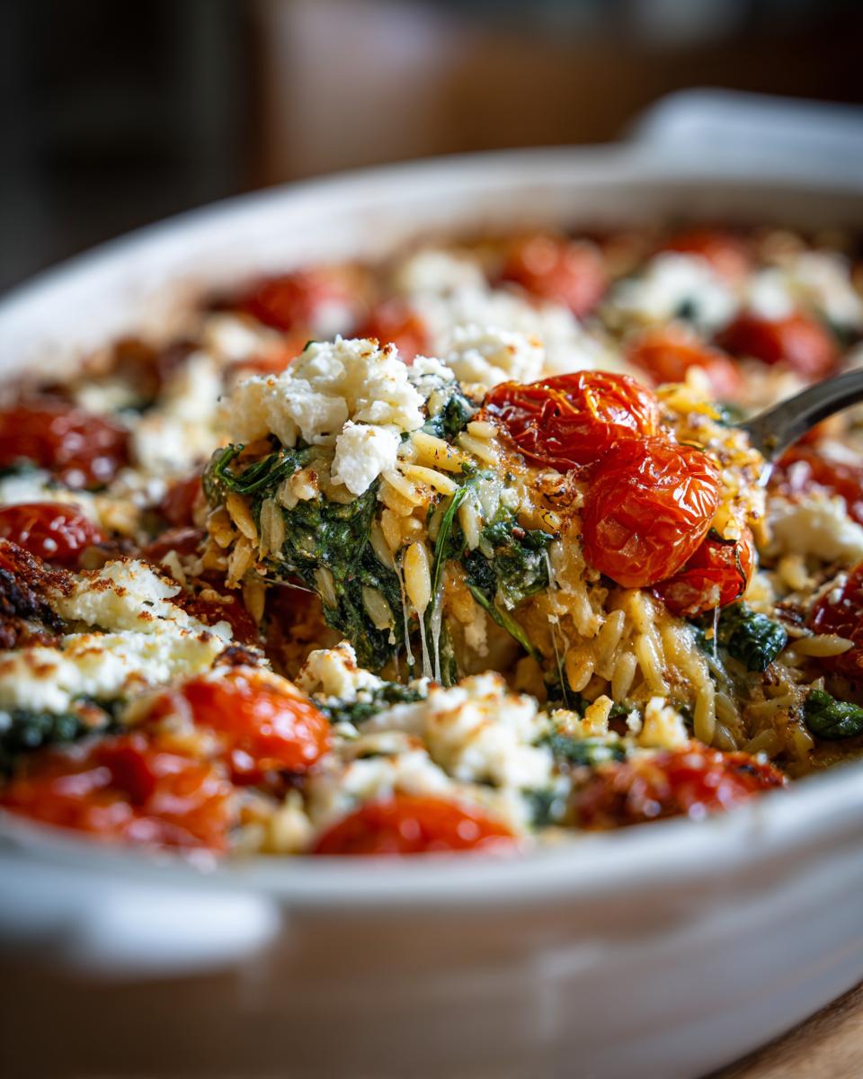 Roasted Cherry Tomato Orzo Bake: Pure Magic 5 A spoonful of Roasted Cherry Tomato Orzo Bake with Spinach, showing creamy orzo, wilted spinach, and melted feta cheese.