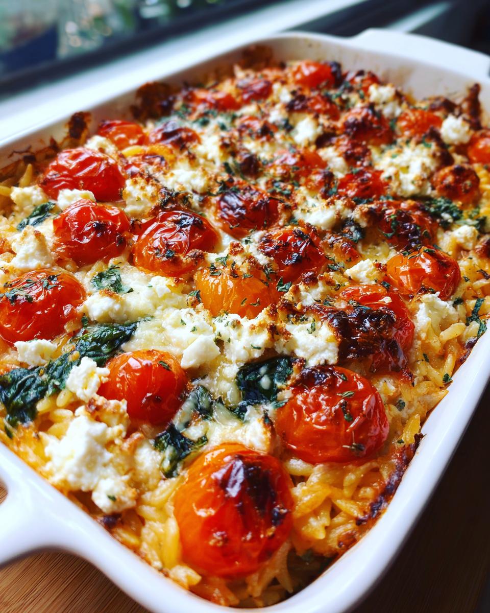 Close-up of a delicious Roasted Cherry Tomato Orzo Bake with Spinach and crumbled feta cheese.
