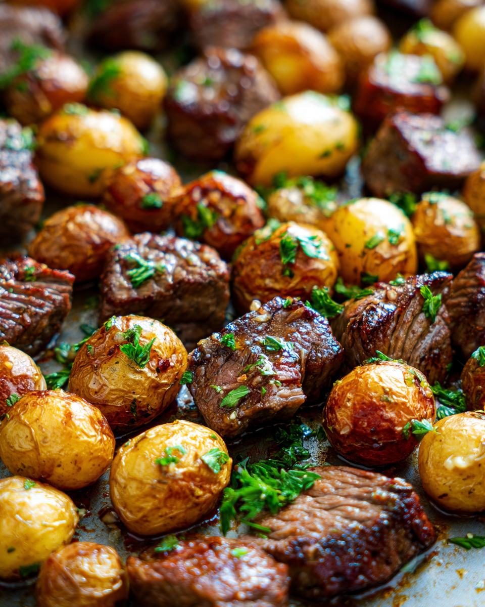 Sheet Pan Garlic Butter Steak & Potatoes: Pure Bliss 5 Close-up of perfectly roasted Sheet Pan Garlic Butter Steak and Potatoes, garnished with fresh parsley.