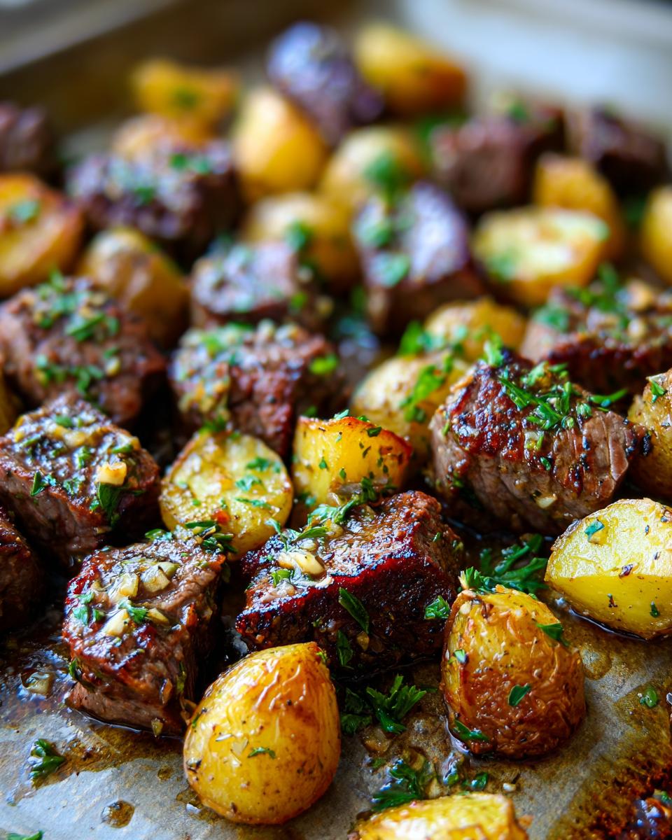 Sheet Pan Garlic Butter Steak & Potatoes: Pure Bliss 4 Close-up of juicy Sheet Pan Garlic Butter Steak and Potatoes, glistening with butter and herbs.
