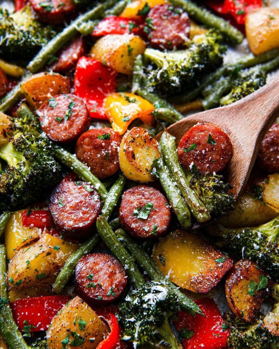 Sheet Pan Sausage and Veggies: Easy Dinner Win 4 A close-up shot of a Sheet Pan Sausage and Veggies recipe, featuring roasted sausage slices, potatoes, broccoli, and bell peppers.