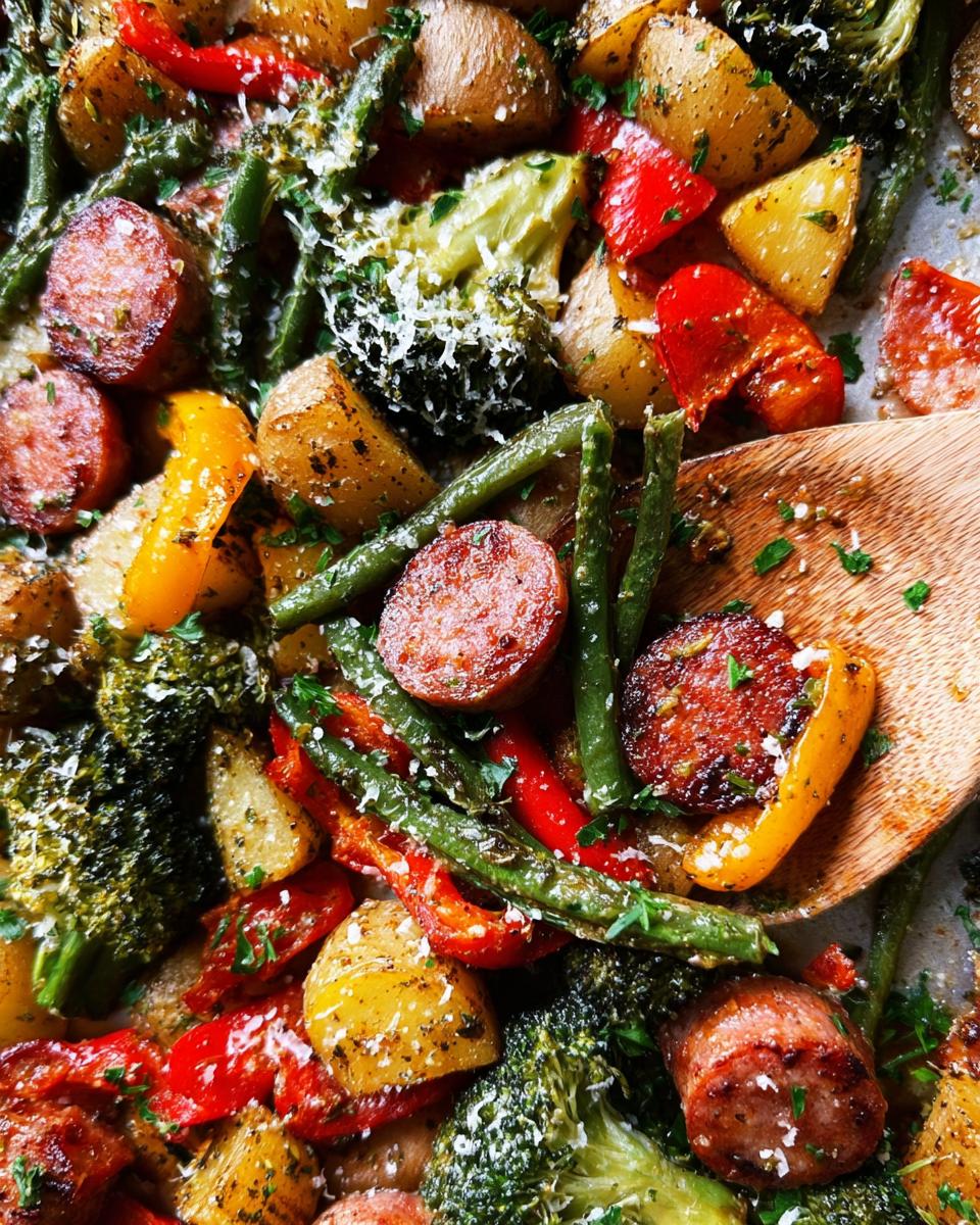 Sheet Pan Sausage and Veggies: Easy Dinner Win 5 Close-up of a sheet pan sausage and veggies recipe with roasted potatoes, broccoli, peppers, and green beans.